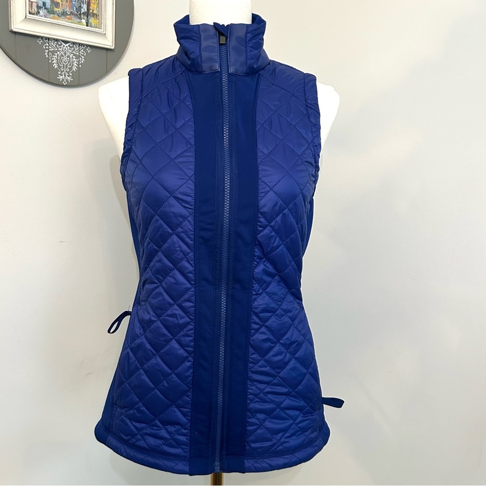 Athleta Rock Springs Quilted Vest Sz S Royal Blue Zip Up Pockets Mock Neck Fall